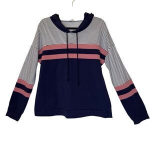 Hem & Thread Navy Striped Hoodie Sweatshirt Sz L